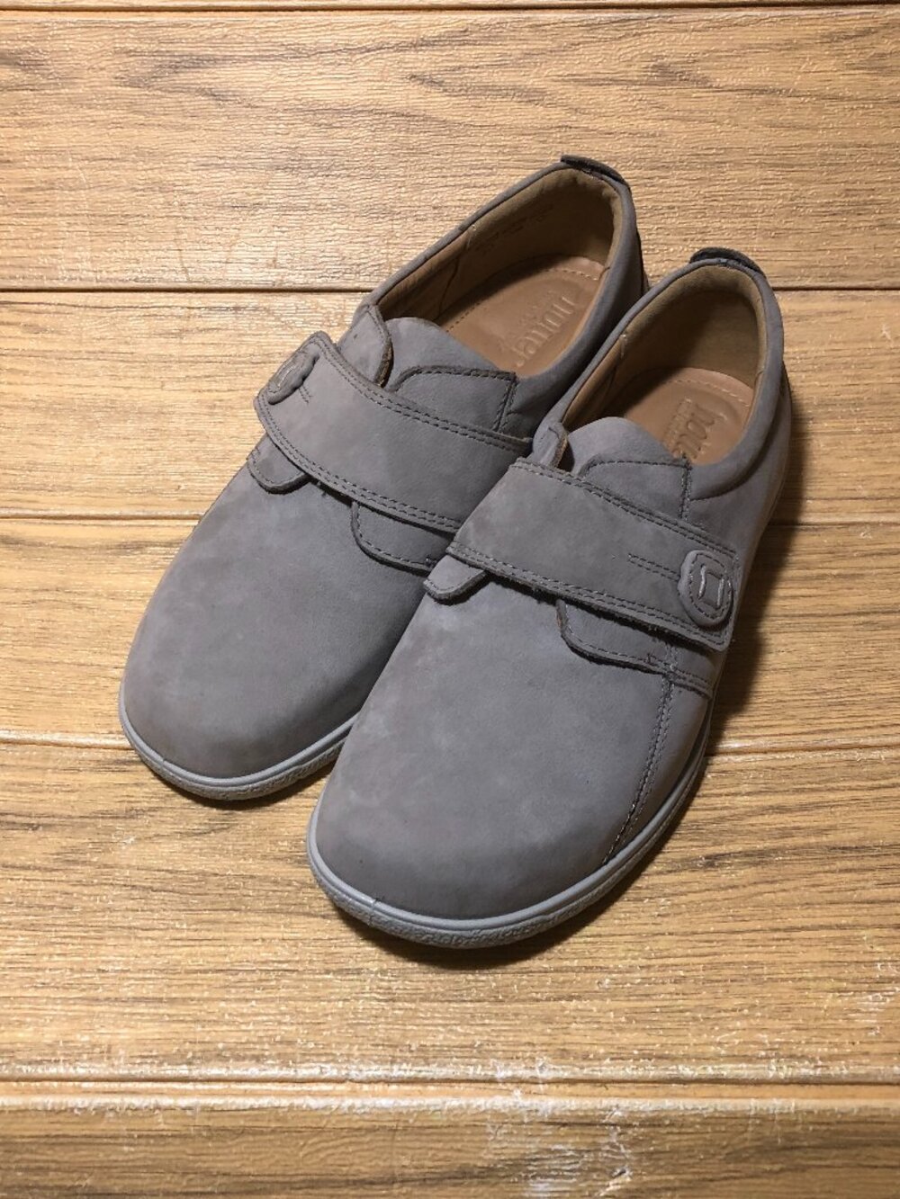 Hotter women gray nubuck loafers, one hook and loop side closure, 10
